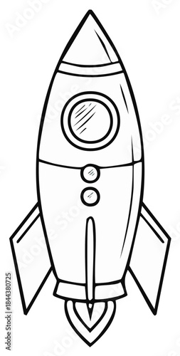 Outlined retro rocket blasting off with fire propulsion in a simple doodle style illustration, symbol of exploration and space travel