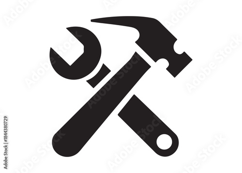 hammer and wrench logo silhouette vector, hand tool logo silhouette illustration, construction equipment logo, repair service wrench crossed over a hammer logo silhouettes vector on white background 