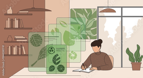 Woman studying botany at home, with transparent screens displaying various plant leaves