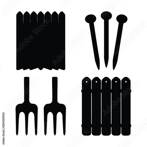 Fence, garden fork, and nail silhouettes for construction