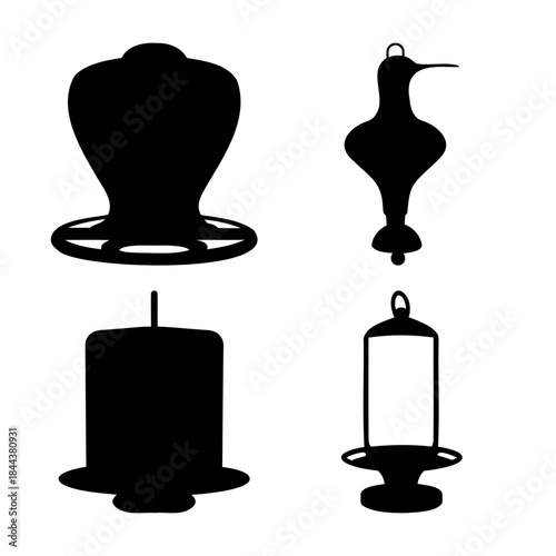 Silhouettes of various bird feeders and hanging bird baths