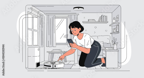 Woman using smartphone to control robotic vacuum cleaner in modern living room