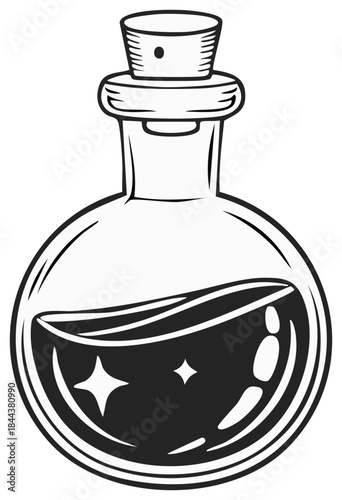 Potion bottle with cork, dark liquid and sparkles, vintage style vector icon