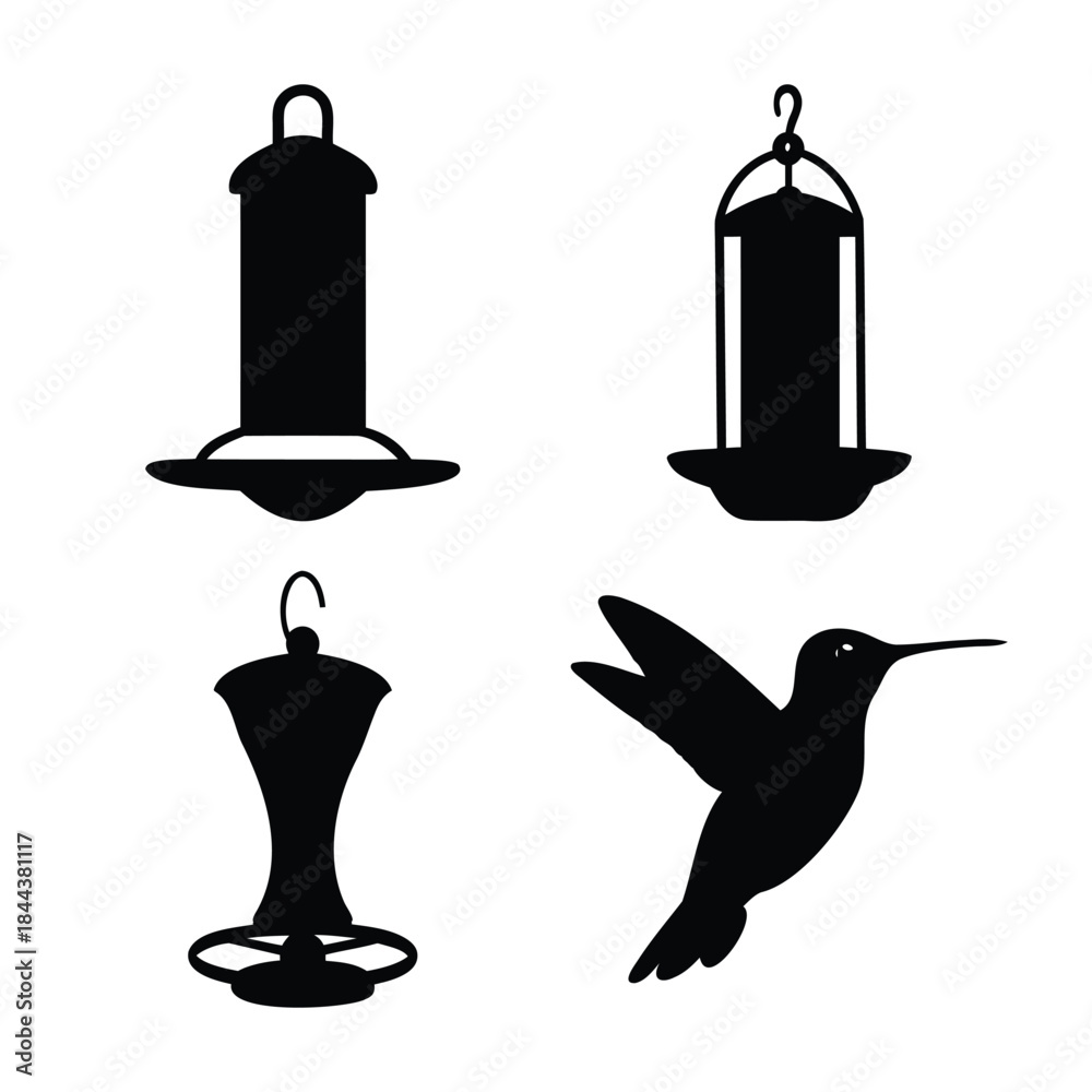 Fototapeta premium Bird feeders and flying hummingbird black silhouettes set.