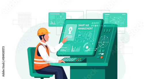 Worker interacting with smart air management system interface in a clean environment