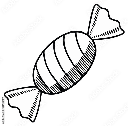 Ink drawing of a wrapped candy sweet treat. Outline illustration of confectionary food for celebration.