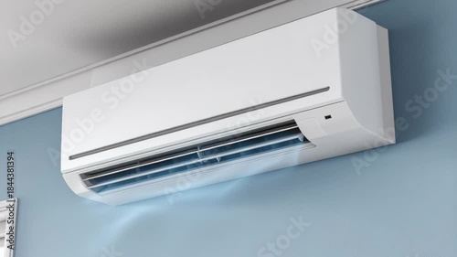 Modern white air conditioner unit mounted on a light blue wall circulating cool air in a room.