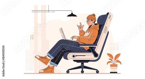 Young professional working comfortably from home in a futuristic chair design illustration