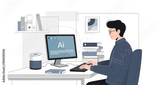 Young professional working on AI development at his workspace with smart home devices