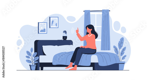 Young woman interacts with smart home assistant in a modern bedroom setting