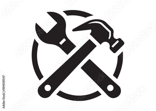 hammer and wrench logo silhouette vector, hand tool logo silhouette illustration, construction equipment logo, repair service wrench crossed over a hammer logo silhouettes vector on white background 
