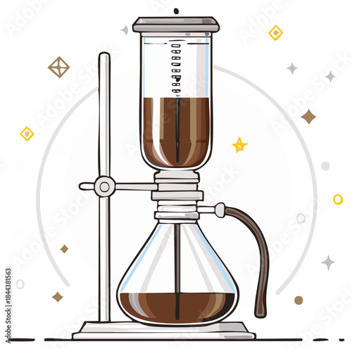 Elegant siphon coffee maker illustration, a classic vacuum brewer with rich coffee in glass chambers, for sophisticated brewing process.