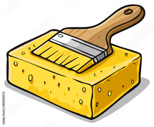 Paint brush and yellow sponge illustration for art and cleaning supplies