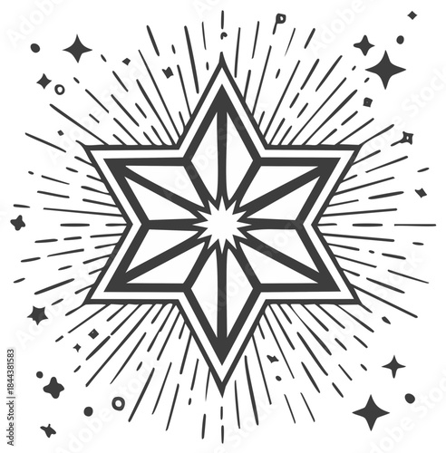 Mystic Hand Drawn Six Pointed Star with Radiating Lines and Sparkles Illustration