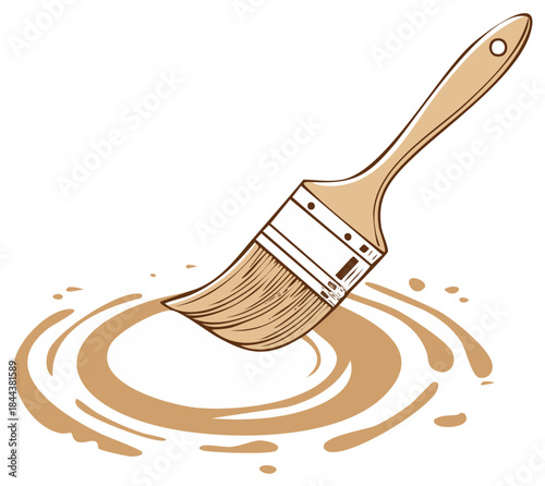 Paint brush dipping into swirling brown liquid paint for an artistic illustration of creativity and home renovation