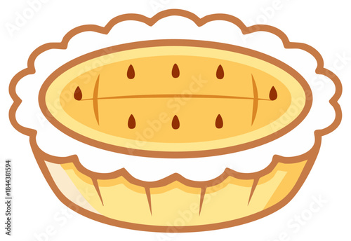 Delicious cartoon tart with light yellow filling and brown dots, served in a decorative crust