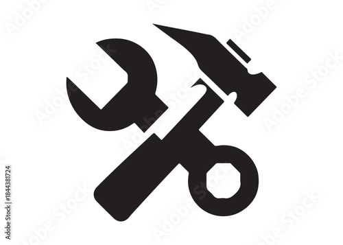 hammer and wrench logo silhouette vector, hand tool logo silhouette illustration, construction equipment logo, repair service wrench crossed over a hammer logo silhouettes vector on white background 