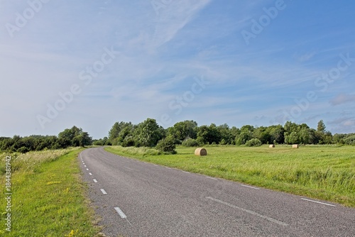 Two-lane asphalt rural road surrounded by green, bushes and trees, is sunny summer weather with a bright blue sky and some white clouds, Karuste, Saaremaa, Estonia.