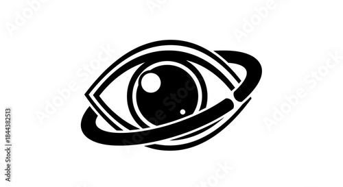 Abstract futuristic eye concept with orbiting ring design in monochrome illustration