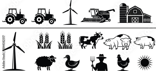 Black and white silhouette of a traditional American farm scene with farmhouse, barn, fence, pine trees, grazing cows, and chickens, isolated vector graphic.