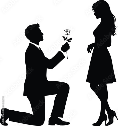 Black and white silhouette vector of a man on one knee proposing marriage with a single rose to a standing woman, symbolizing love, engagement, romance, and special moments.