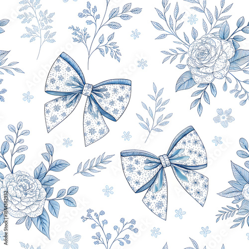 Blue toile digital paper with coquette bows, preppy blue and white seamless printable patterns for baby shower, nursery and scrapbooking