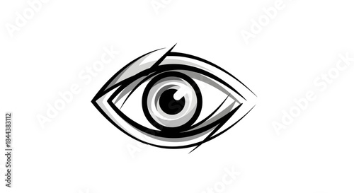 Stylized eye illustration with sharp lines and monochrome palette drawing attention