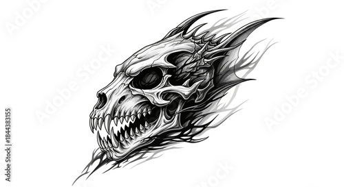 Detailed grayscale illustration of a fantasy dragon skull with sharp features and intricate shadows