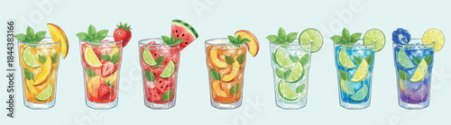 Refreshing non alcoholic summer cocktails set with fruits and ice, watercolor vectors illustration isolated on light pastel background
