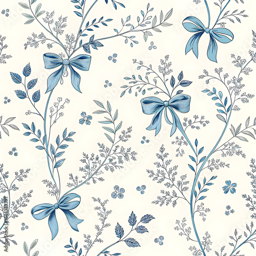 Blue toile digital paper with coquette bows, preppy blue and white seamless printable patterns for baby shower, nursery and scrapbooking