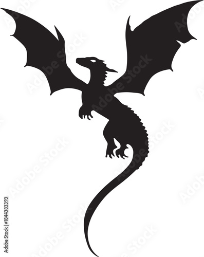 Black and white vector illustration of a flying fantasy dragon silhouette design for a tattoo, cartoon, or Halloween monster symbol