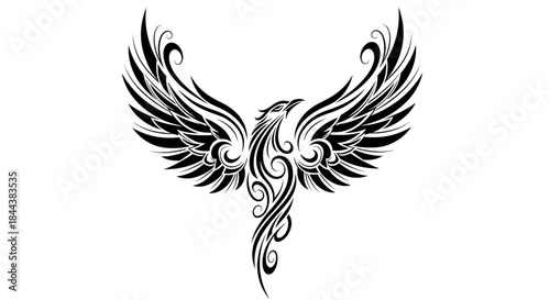 Elegant phoenix tattoo design with intricate details against a white background