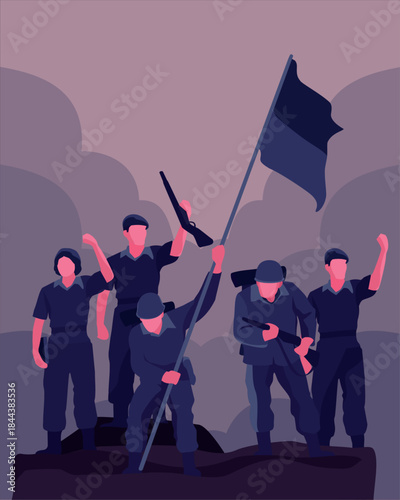 Military soldiers raising flag in victory moment. Army teamwork and patriotism concept illustrated in bold modern vector style