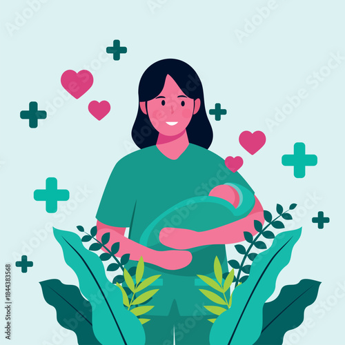 Mother and baby healthcare scene with pediatric nurse or midwife. Maternal care and newborn health illustrated in modern flat vector style