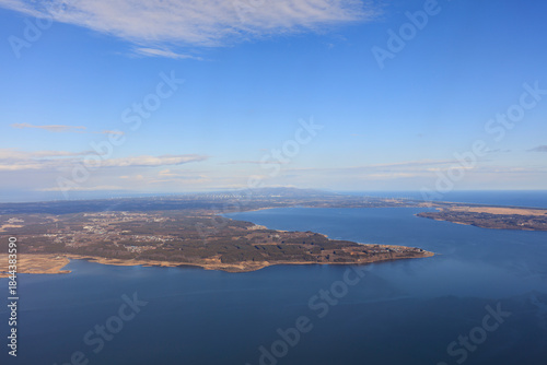 Lake Ogawara and the mountains of the Shimokita Peninsula, Mutsu Bay, Hotoke-numa Swamp, and the Pacific Ocean