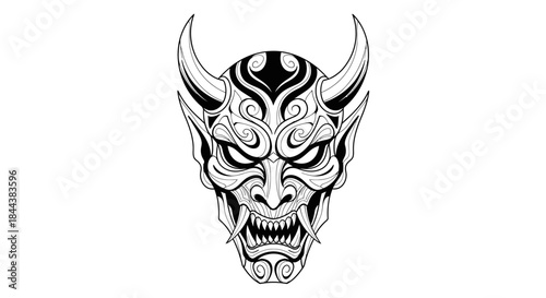 Intricate line art illustration of a traditional Japanese oni mask design perfect for tattoos