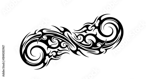 Intricate tribal tattoo design featuring swirling patterns and sharp, angular elements in black on