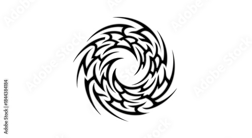 Abstract tribal vortex design with swirling black shapes on white background creating a dynamic