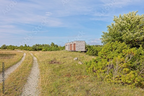Small, shingle-clad modern off-grid cabin or retreat in grassy and shrubs surrounding in summer with blue sky with light clouds, Türju, Saaremaa, Estonia.