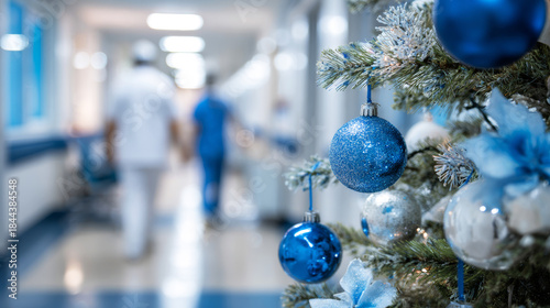Christmas tree decoration ball on the background of a blurry hospital corridor.