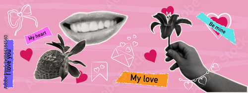 An aesthetic collage for a good mood on Valentine's Day. A woman's smile, strawberries, envelope with hearts, a hand holding a lily. Cut-out elements for collage, scrapbook, paper with uneven edges.