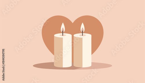 Minimalist vector illustration of two lit candles casting a heart-shaped shadow on a warm background. Perfect for Valentine’s Day, wedding designs, romantic cards and modern branding.