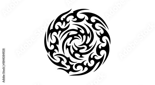 Tribal tattoo design illustration, circular abstract design with intricate swirling pattern in