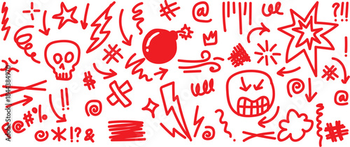 Doodle sketch style swearing hand gestures icon set. A collection of cartoon hand icons in a doodle sketch style, representing various swearing gestures and expressions.