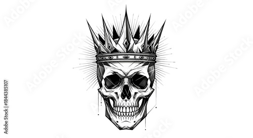 Intricate skull illustration adorned with a jeweled crown and radial burst design element