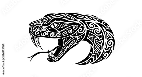 Stylized snake head illustration showcasing intricate tribal tattoo design in black and white