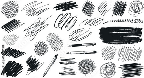 Set of hand drawn black paint hand prints and brush strokes isolated on white background as artistic cosmetic makeup tools for fashion and beauty painting