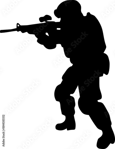 Silhouette set of armed soldiers in different poses, isolated on transparent background. Ideal for military concepts, security themes, tactical training graphics, presentations, and infographic design