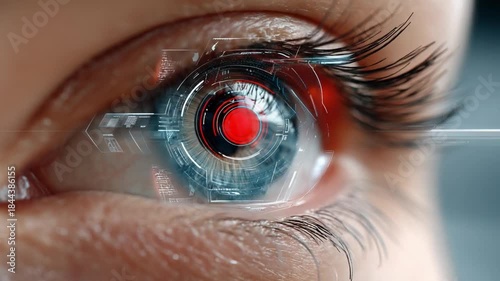 Cybernetic Gaze: A close-up view unveils a futuristic human eye with advanced cybernetic components, merging technology with the natural beauty of the human form.