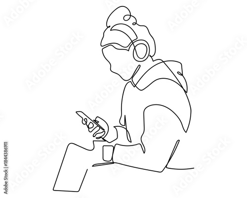A single, continuous line: A teenage girl is sitting in a park listening to music with headphones. simple line art illustration. Editable stroke.